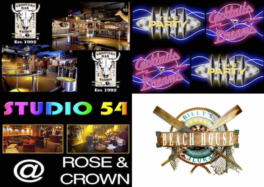 Logos from Shooters Saloon Bar, Cocktails & Dreams, The Party, Studio 54 & Billy's Beach House