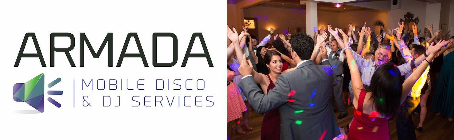 Armada Mobile Disco & DJ Services Logo and Packed Dance Floor