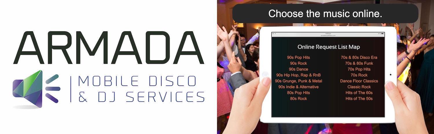 Armada Mobile Disco & DJ Services Logo and an iPad so you can choose the music online 1