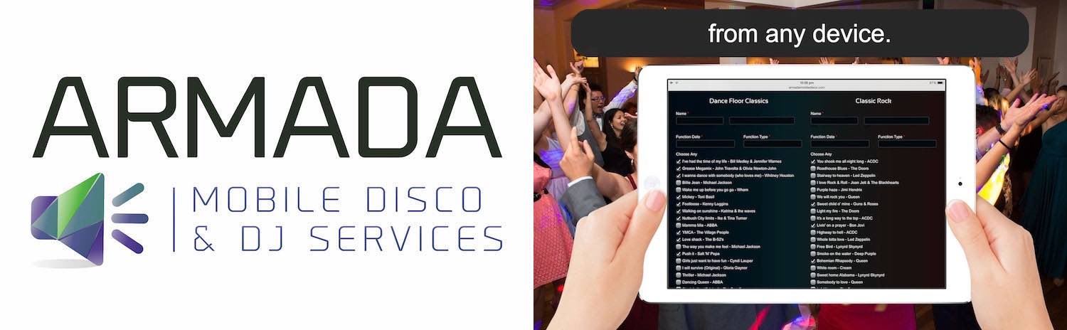 Armada Mobile Disco & DJ Services Logo and an iPad so you can choose the music online 2