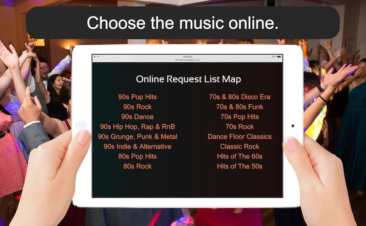 iPad showing Armada Mobile Disco & DJ Services Music Request Pages