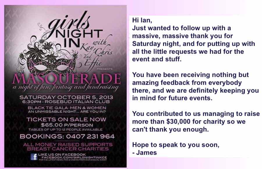 Mobile DJ Client Feedback from a Cancer Council's Girls Night In event