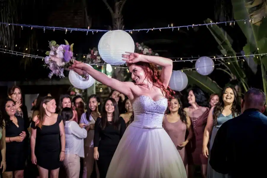 A bride about to throw her bouquet