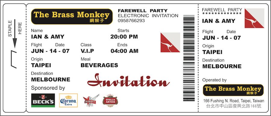 Brass Monkey - DJ Ian H Farewell Invitation Flight Ticket