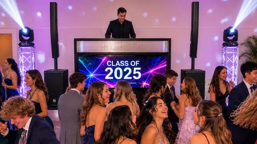 Professional DJ entertaining students at a Melbourne Year 12 school formal with a packed dance floor and Class of 2025 display.
