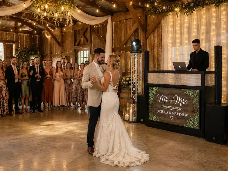 Armada Video DJ Booth at a rustic wedding reception in Melbourne with the bride and groom sharing their first dance while guests look on.