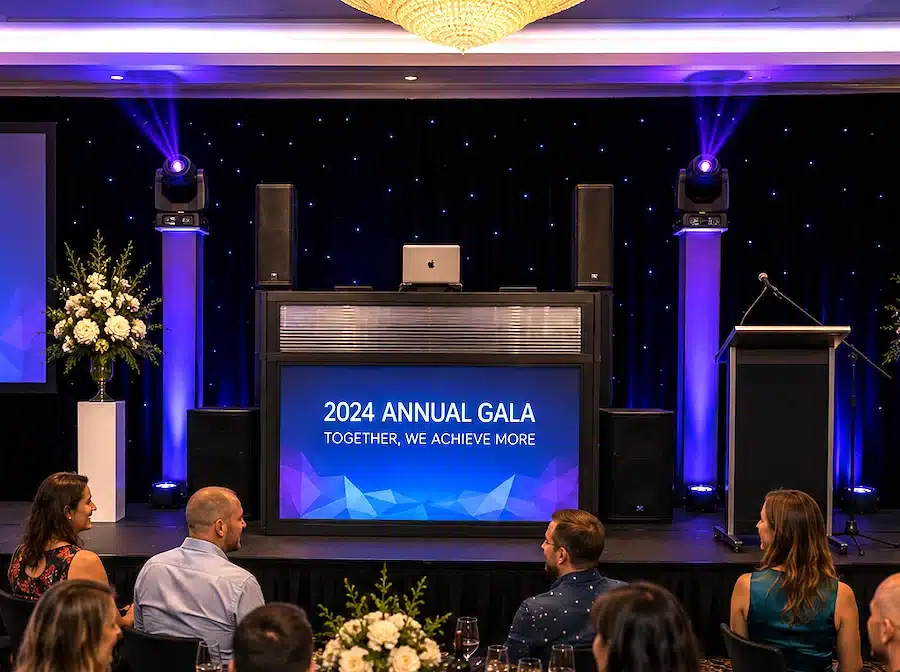 Armada Video DJ Booth on stage at a Melbourne corporate gala displaying branded event graphics on the integrated 50-inch video screen.